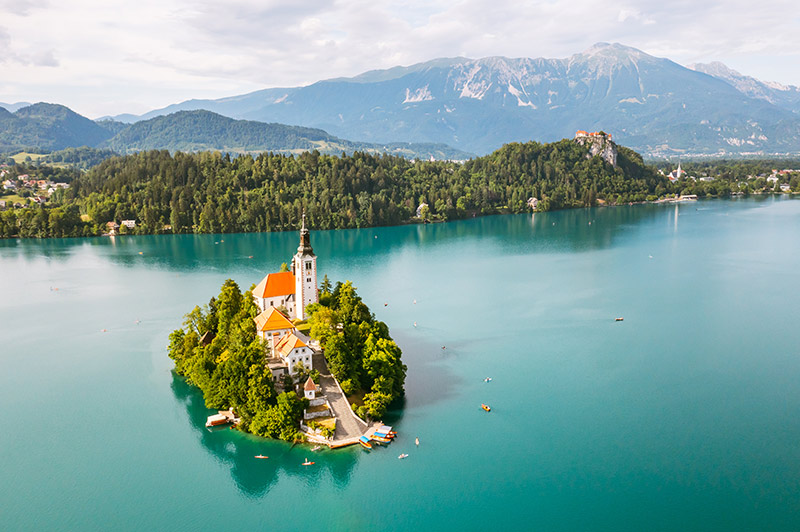 Lake Bled and its iconic Bled Island located in northwestern Slovenia